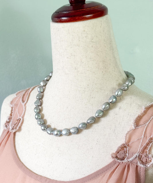 Beautiful Grey Pearl Necklace Baroque Freshwater Pearl Strand w Sterling Clasp