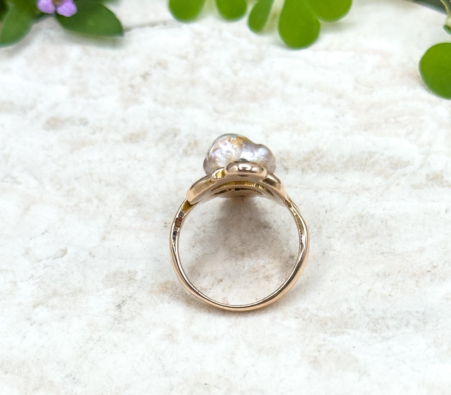 Antique Art Nouveau Baroque Pearl Ring with Old European Cut Diamonds