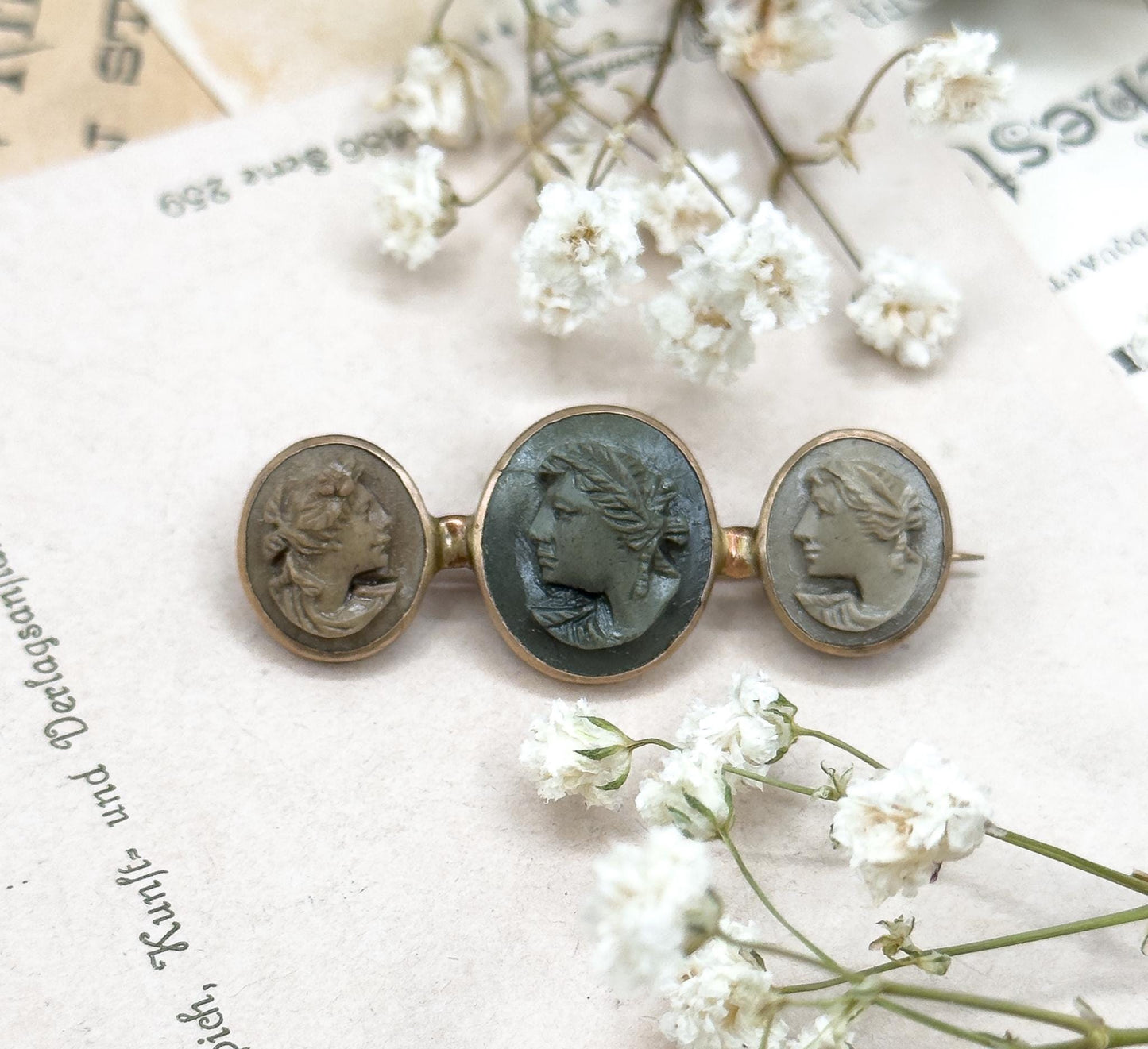 Antique Lava Cameo Brooch with Three Cameos Bezel Set Bar Brooch Grand Tour Souvenir