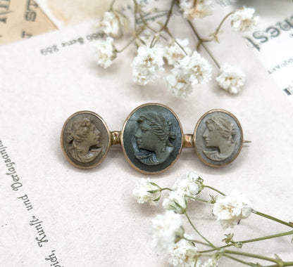 Antique Lava Cameo Brooch with Three Cameos Bezel Set Bar Brooch Grand Tour Souvenir