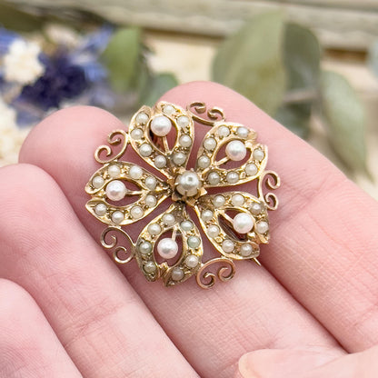 Edwardian 10K Yellow Gold Snowflake Brooch: Antique Seed Pearl Pin