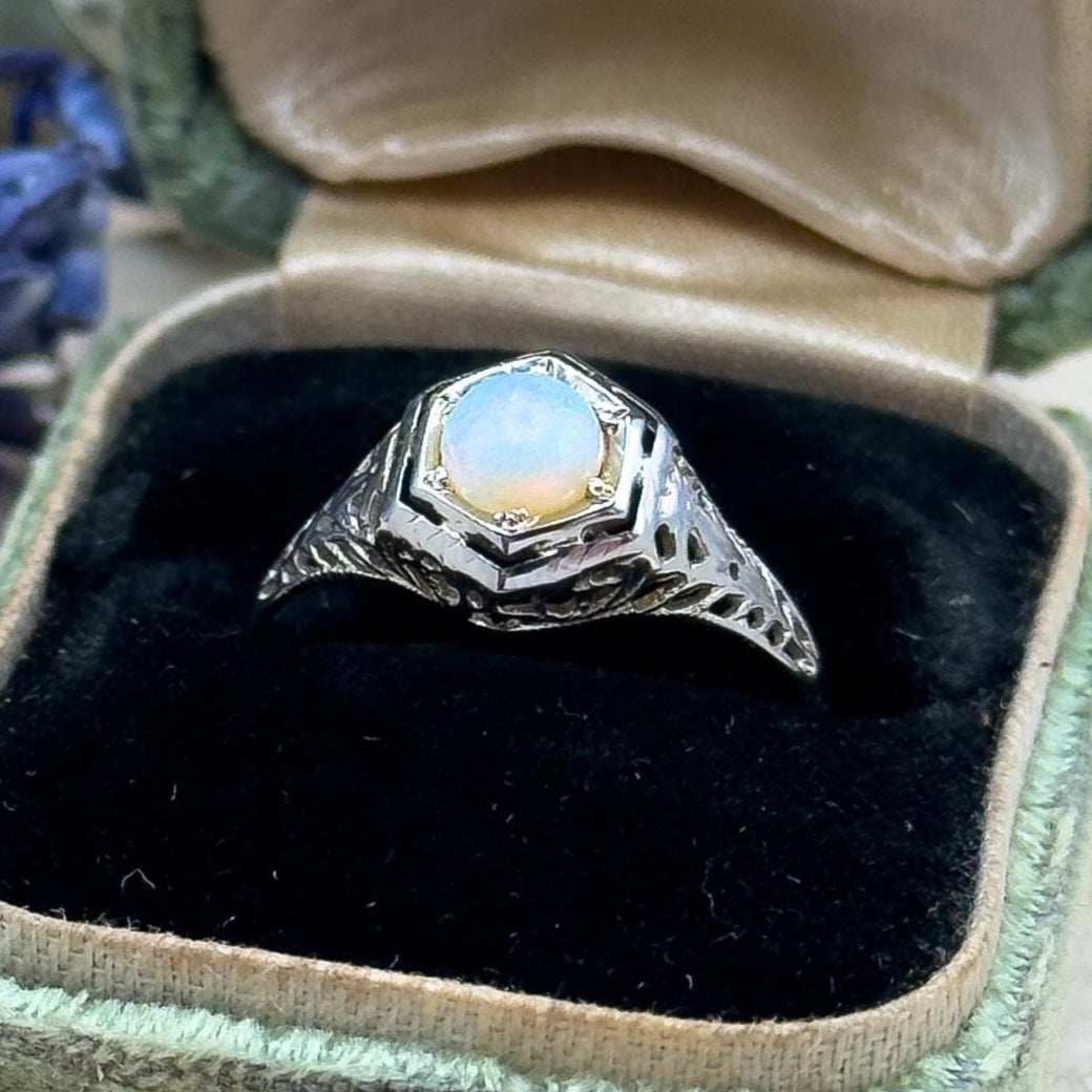 Antique white gold filigree ring with opal cabochon art deco ring