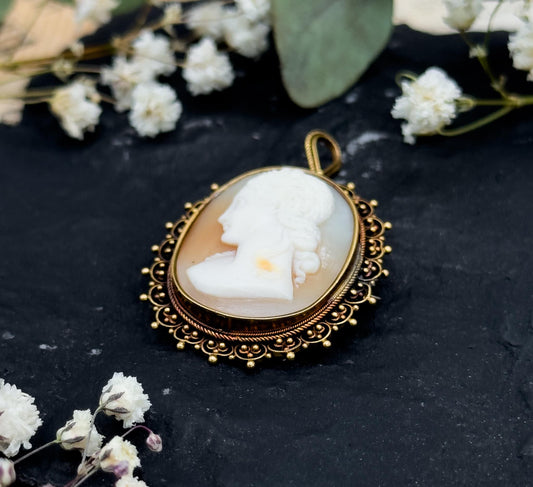 Antique Carved Shell Cameo in 15K Yellow Gold Cameo Pendant for Necklace Left Facing