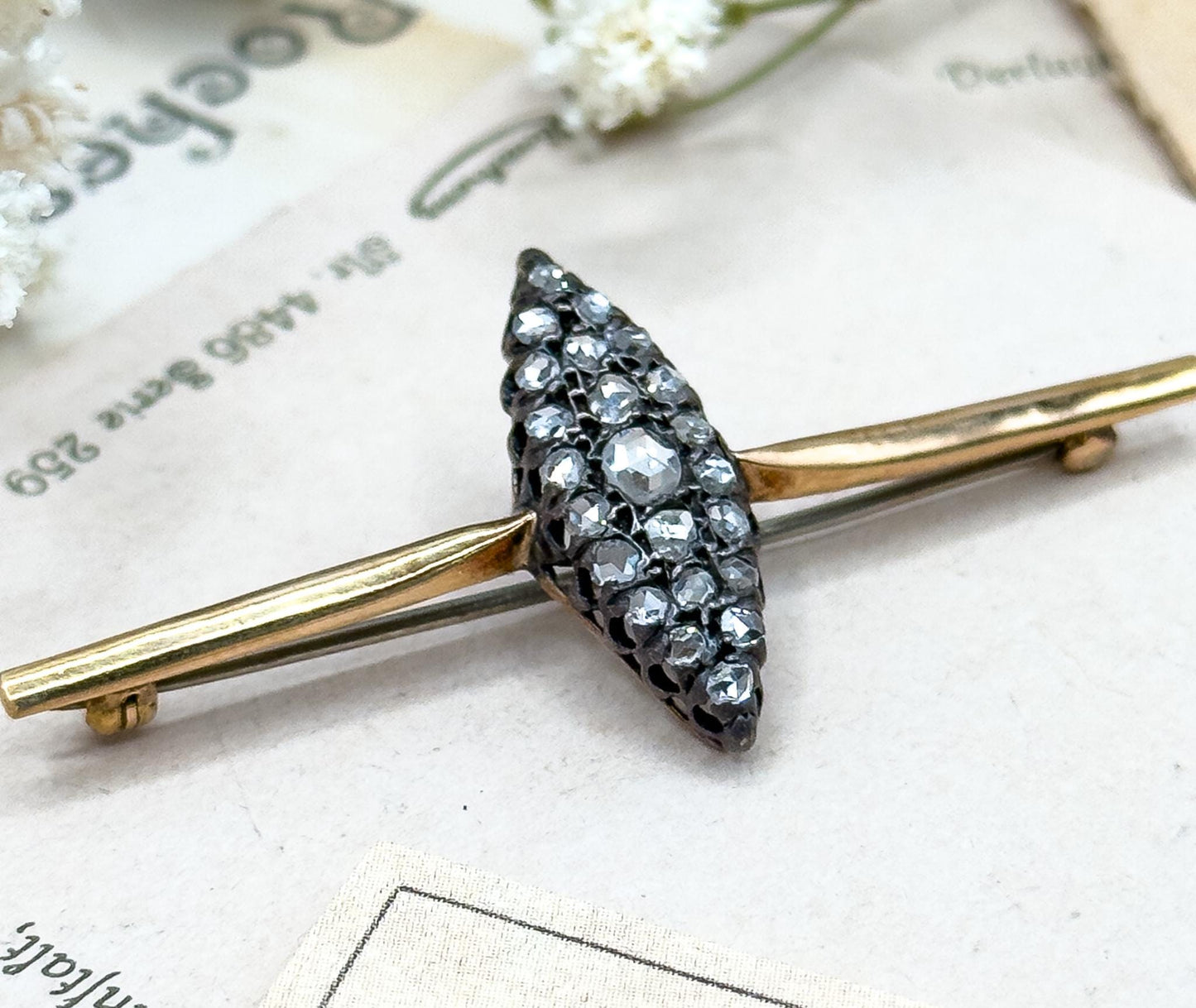 Victorian Rose Cut Diamond Navette Pin Conversion Cobblestone  Bar Pin