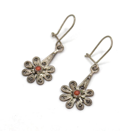 Vintage Flower Filigree Drop Earrings with Red Coral cabochon stamped 800 Silver