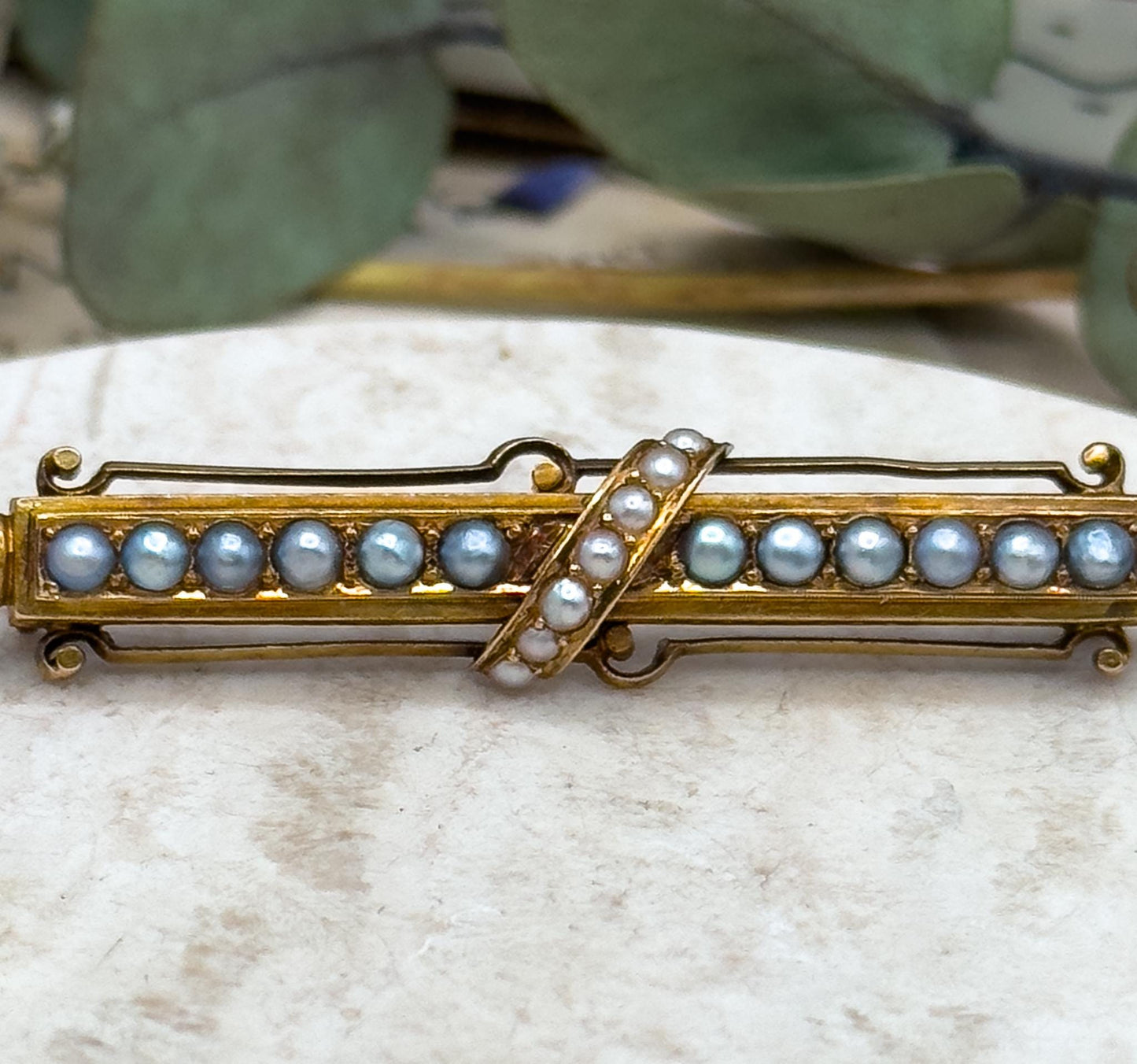 Victorian 14K Gold Bar Brooch: Seed Pearls & Black Enamel