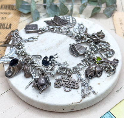 Vintage Charm Bracelet with Sterling Silver Charms Fully loaded charm bracelet 22 charms c