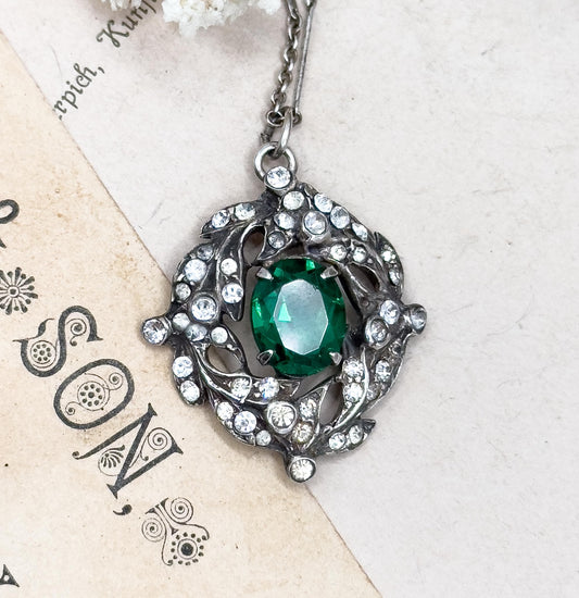 Vintage Emerald Paste Glass Green Necklace in Sterling Silver