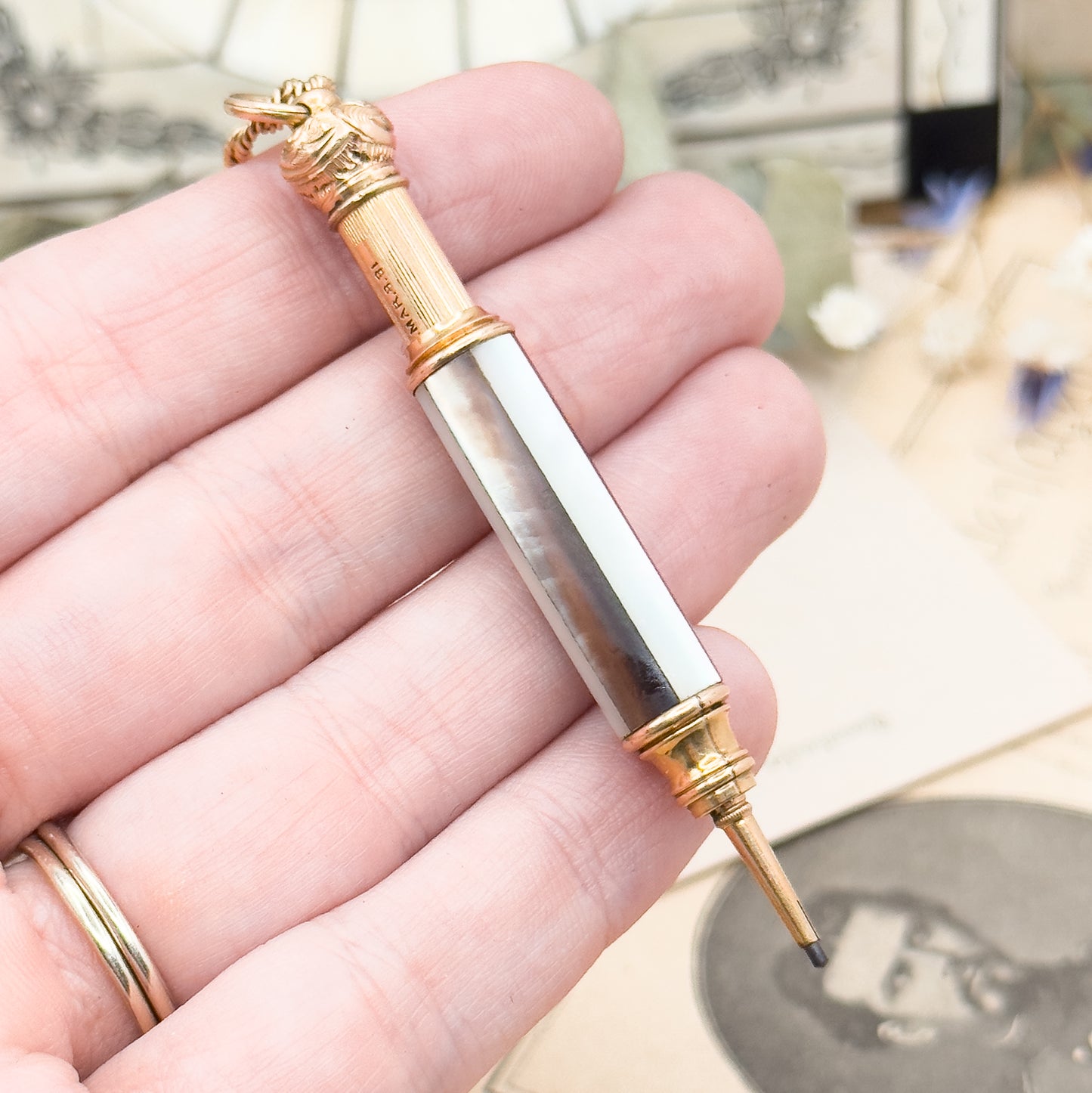 Antique Mother of Pearl Telescopic Pencil on Chain