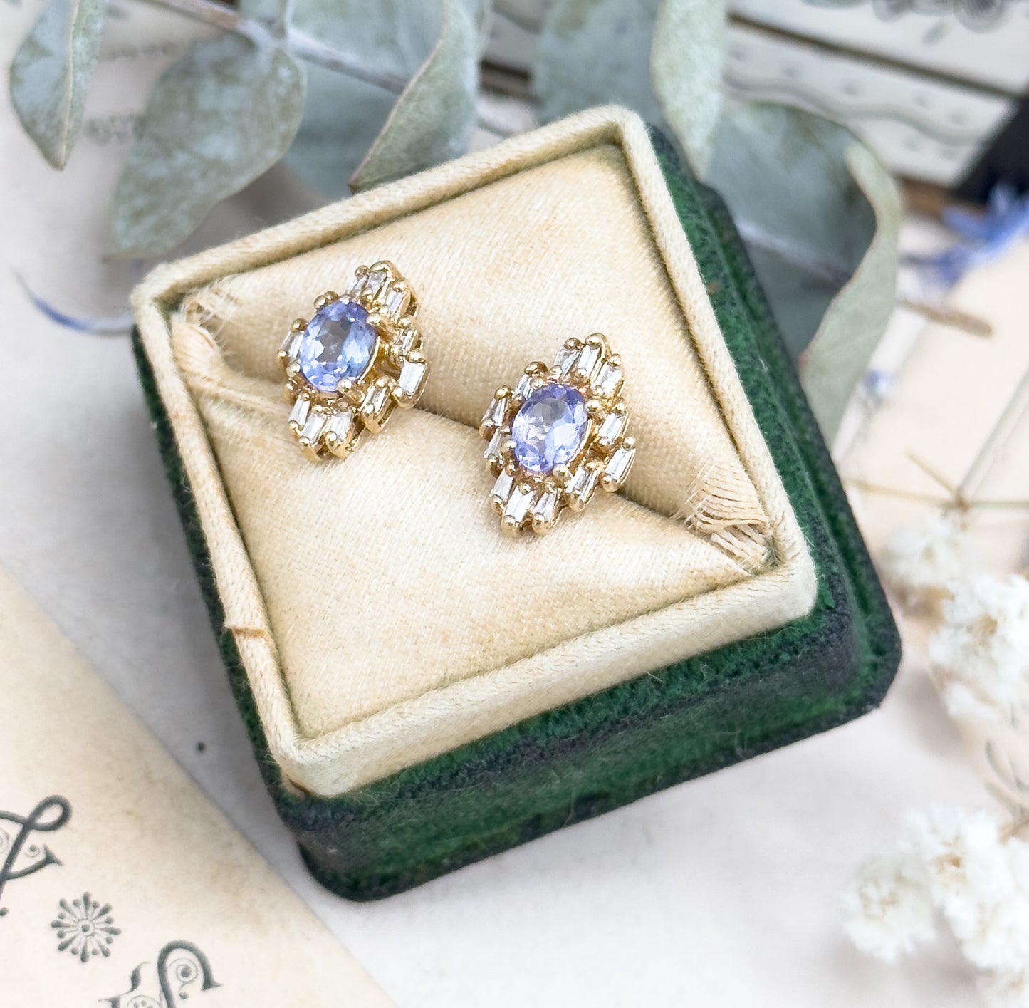 Vintage Tanzanite & Diamond Stud Earrings in 14K Gold