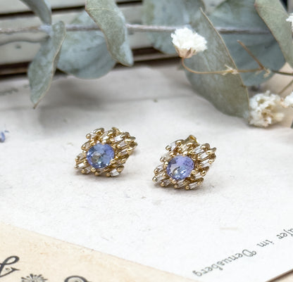 Vintage Tanzanite & Diamond Stud Earrings in 14K Gold