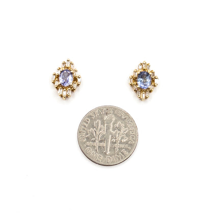Vintage Tanzanite & Diamond Stud Earrings in 14K Gold