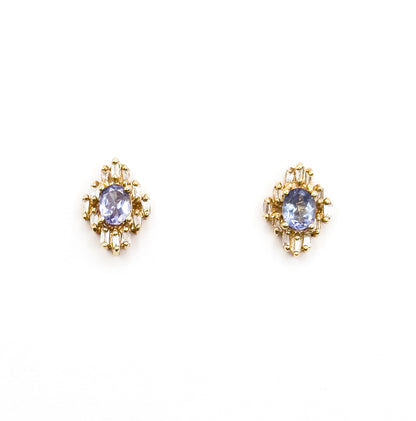Vintage Tanzanite & Diamond Stud Earrings in 14K Gold