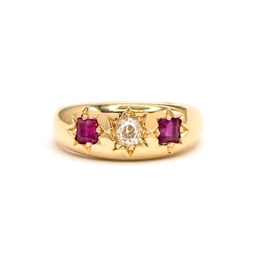 Antique Flush Star Set Old Mine Diamond & Ruby Ring in 18K Gold