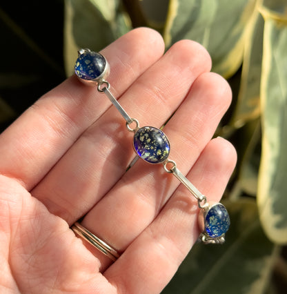 Vintage Navy Blue Foil Art Glass Bracelet in Silver