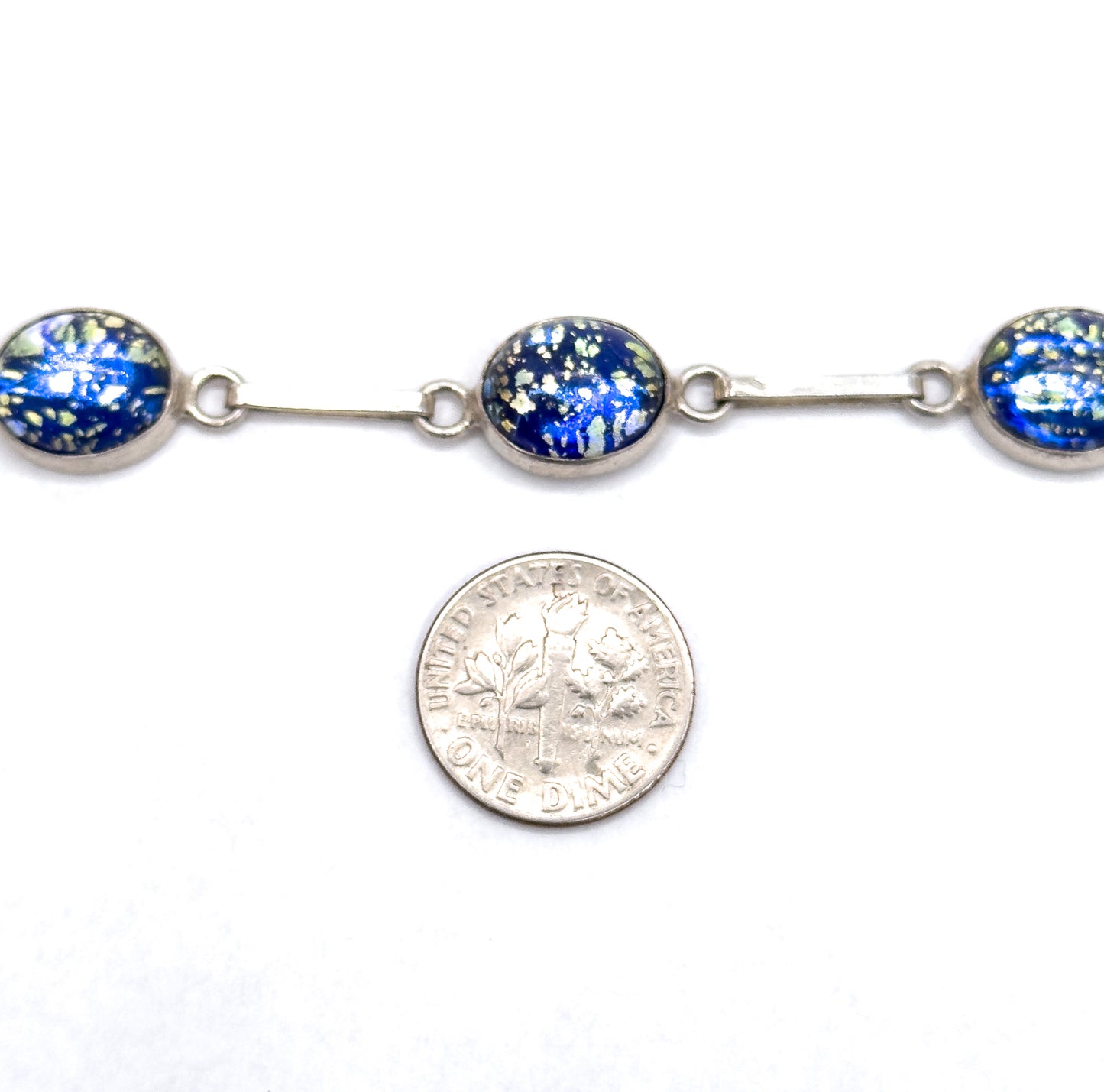 Vintage Navy Blue Foil Art Glass Bracelet in Silver