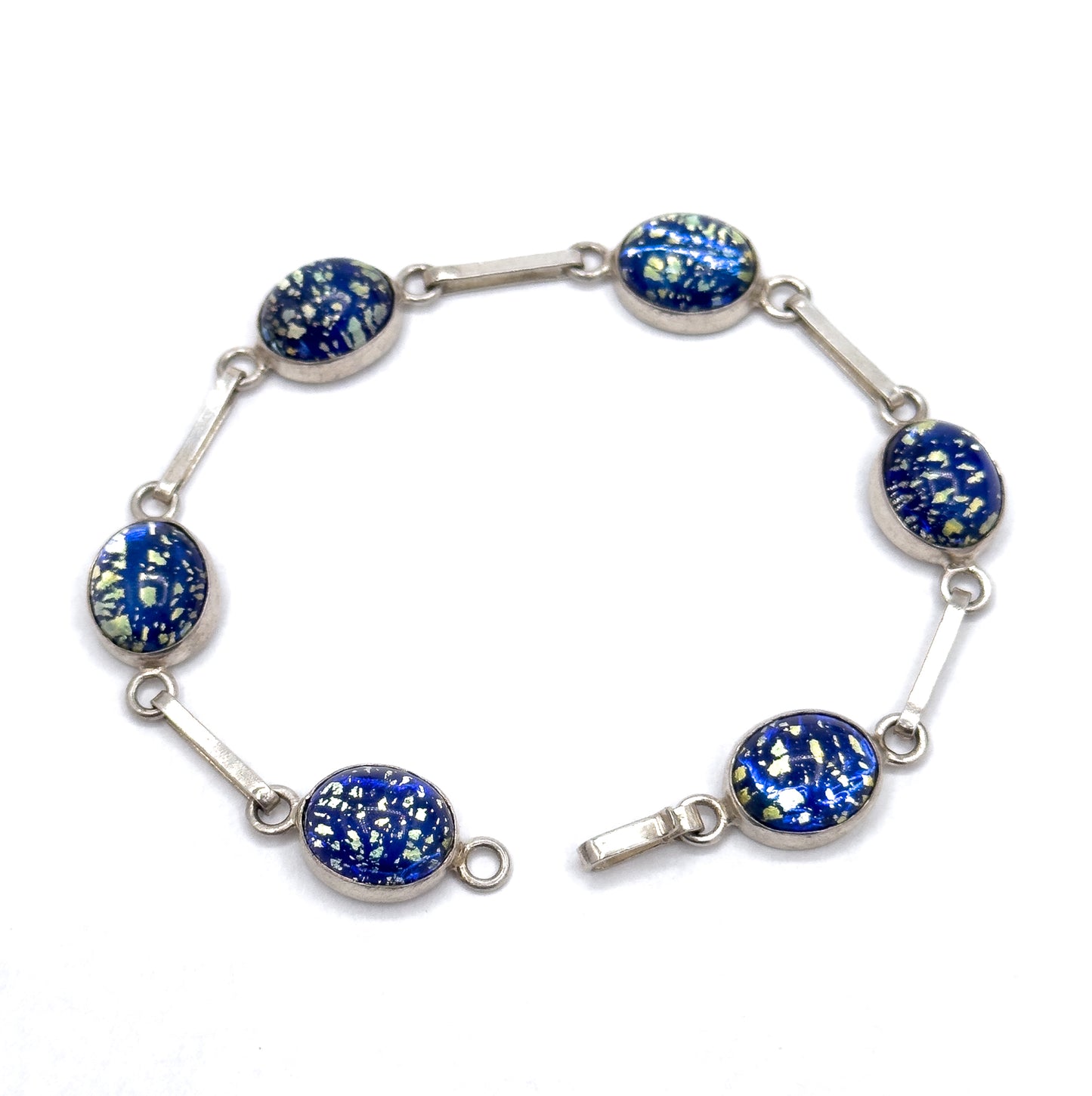 Vintage Navy Blue Foil Art Glass Bracelet in Silver