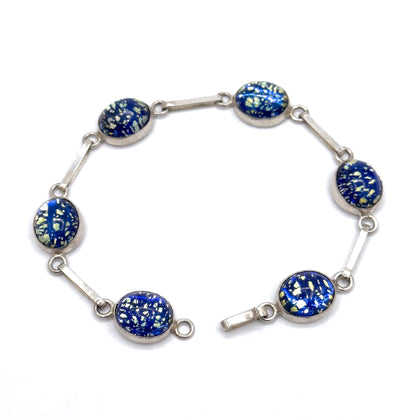 Vintage Navy Blue Foil Art Glass Bracelet in Silver