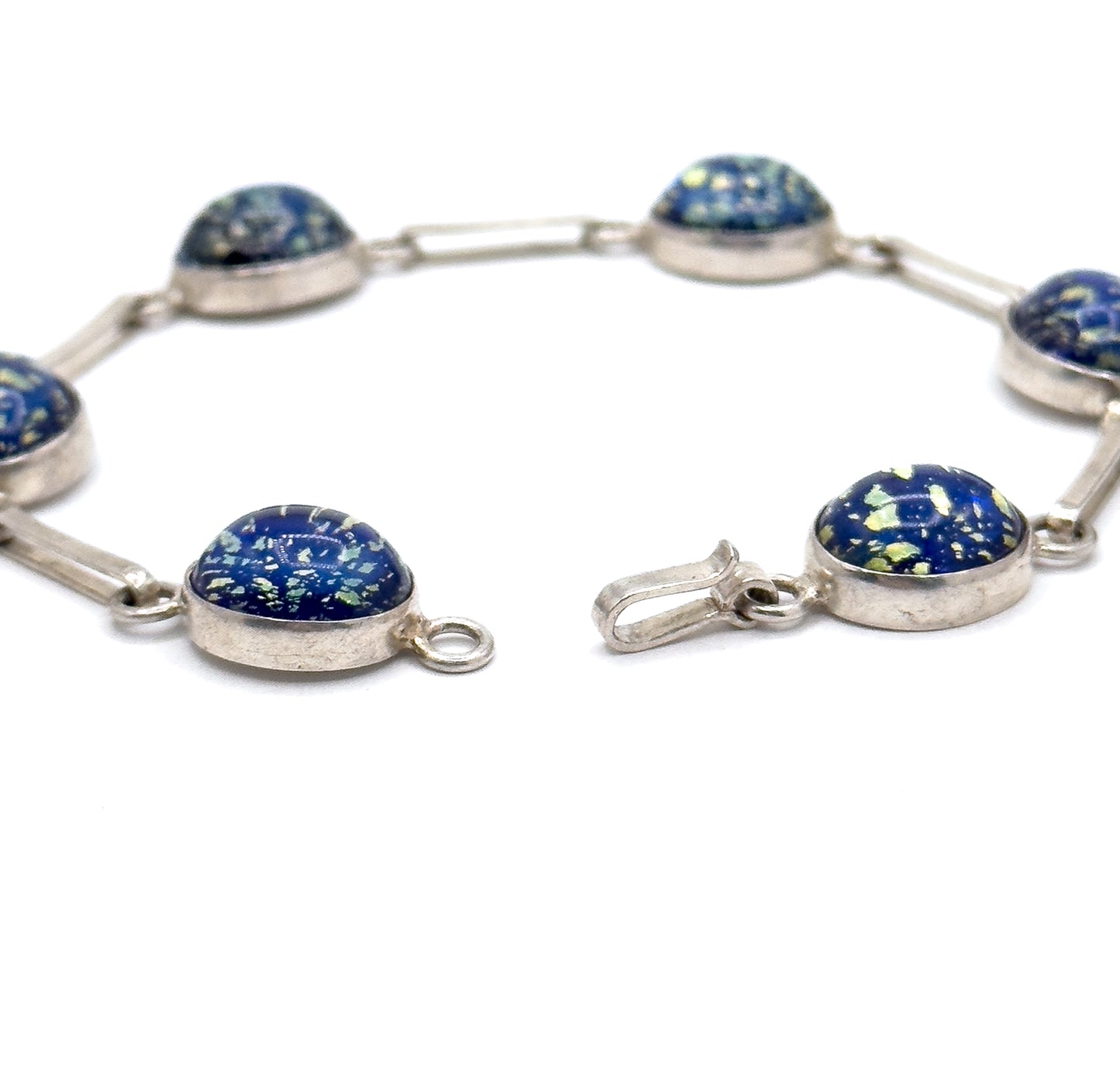 Vintage Navy Blue Foil Art Glass Bracelet in Silver