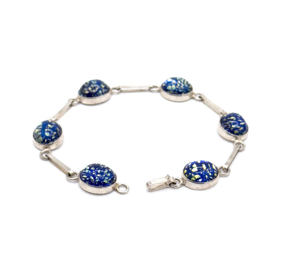 Vintage Navy Blue Foil Art Glass Bracelet in Silver
