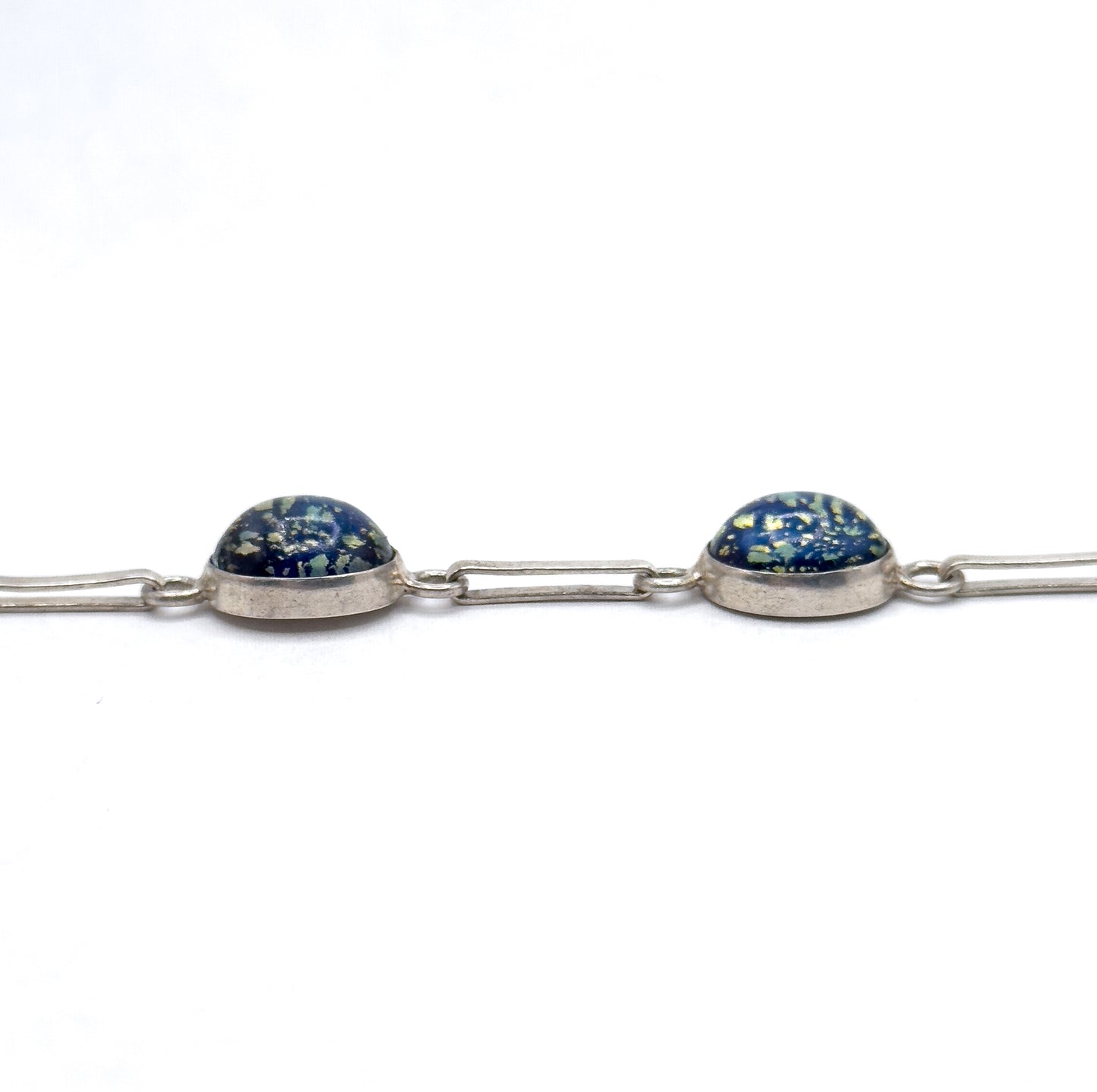 Vintage Navy Blue Foil Art Glass Bracelet in Silver