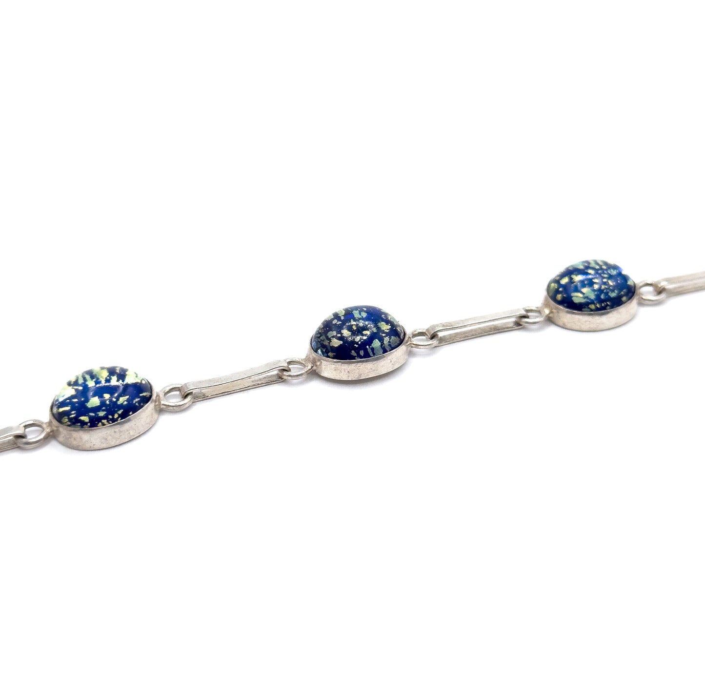 Vintage Navy Blue Foil Art Glass Bracelet in Silver