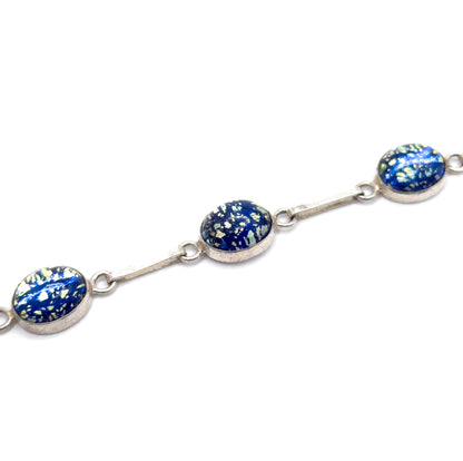 Vintage Navy Blue Foil Art Glass Bracelet in Silver