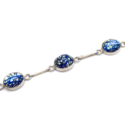 Vintage Navy Blue Foil Art Glass Bracelet in Silver