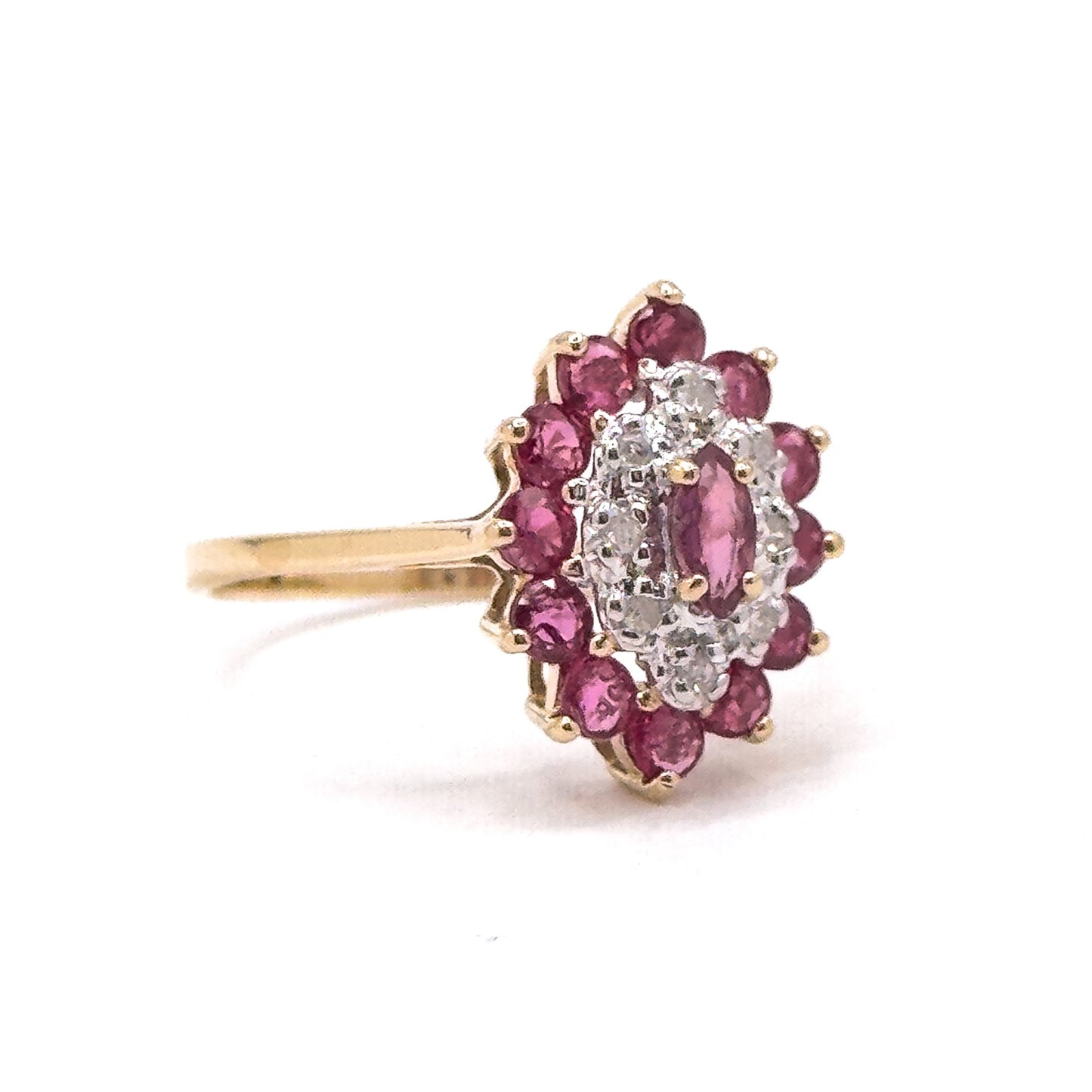 Vintage navette Cluster Marquise Ring with Diamonds and Rubies in 14K Gold
