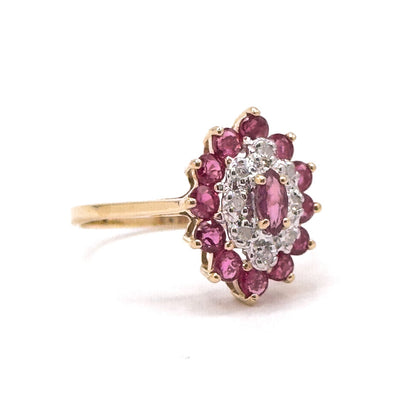 Vintage navette Cluster Marquise Ring with Diamonds and Rubies in 14K Gold