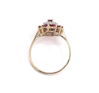 Vintage navette Cluster Marquise Ring with Diamonds and Rubies in 14K Gold