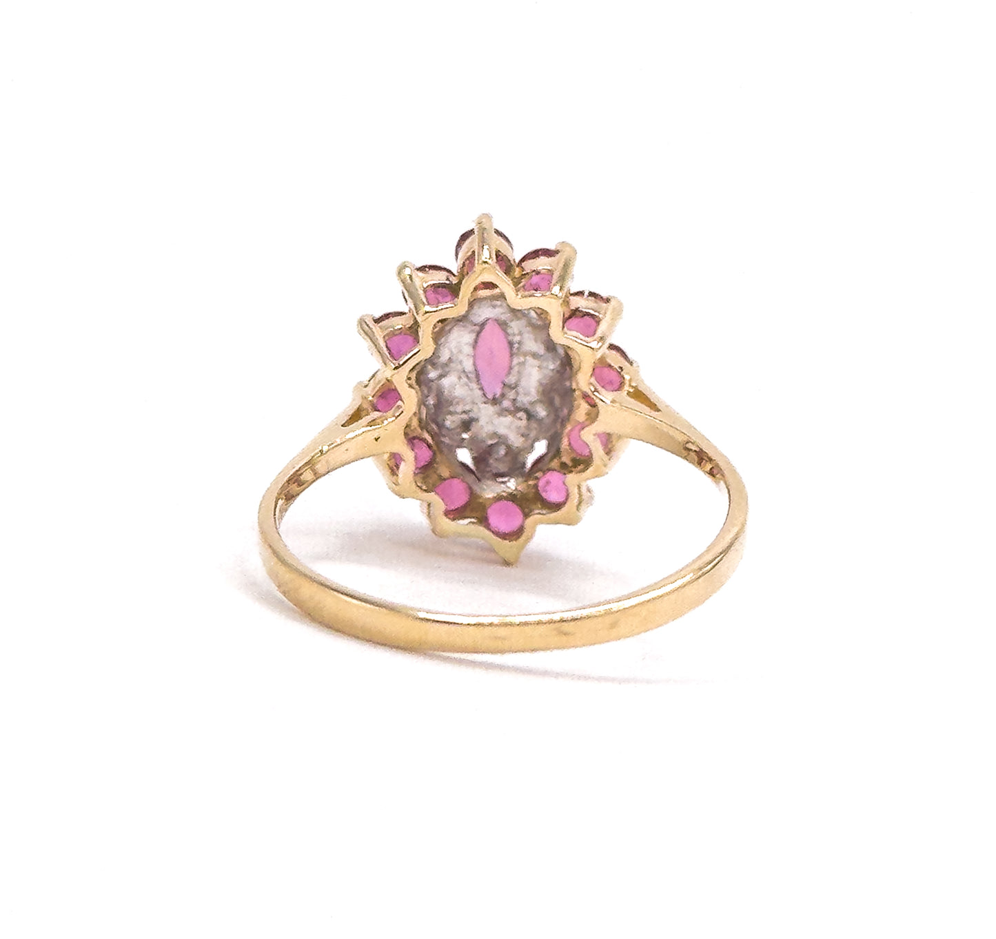Vintage navette Cluster Marquise Ring with Diamonds and Rubies in 14K Gold