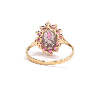 Vintage navette Cluster Marquise Ring with Diamonds and Rubies in 14K Gold