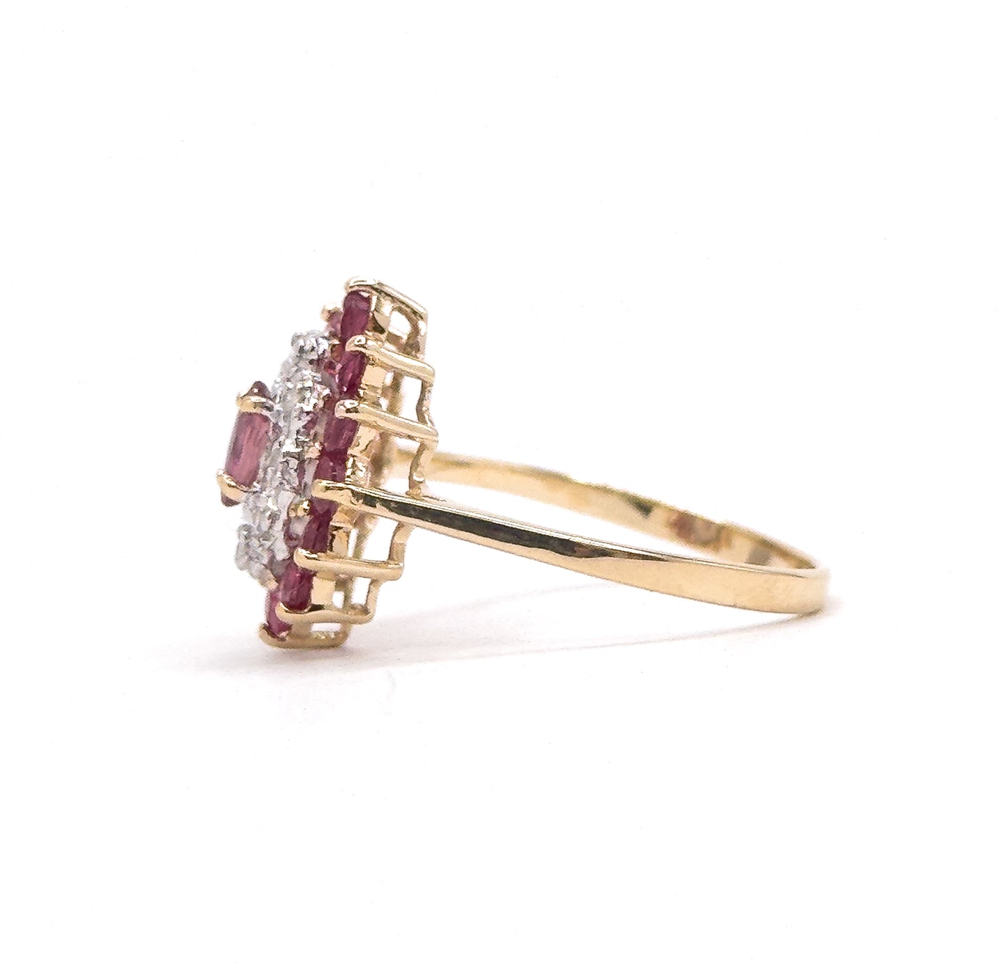 Vintage navette Cluster Marquise Ring with Diamonds and Rubies in 14K Gold