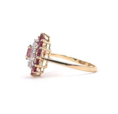 Vintage navette Cluster Marquise Ring with Diamonds and Rubies in 14K Gold