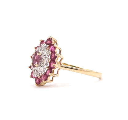 Vintage navette Cluster Marquise Ring with Diamonds and Rubies in 14K Gold