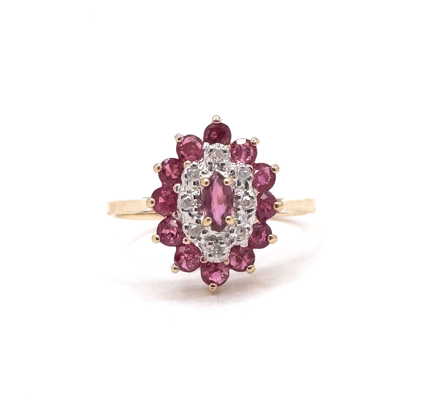 Vintage navette Cluster Marquise Ring with Diamonds and Rubies in 14K Gold