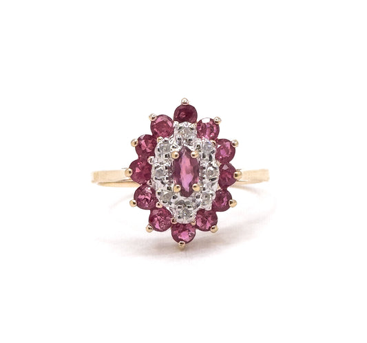 Vintage navette Cluster Marquise Ring with Diamonds and Rubies in 14K Gold