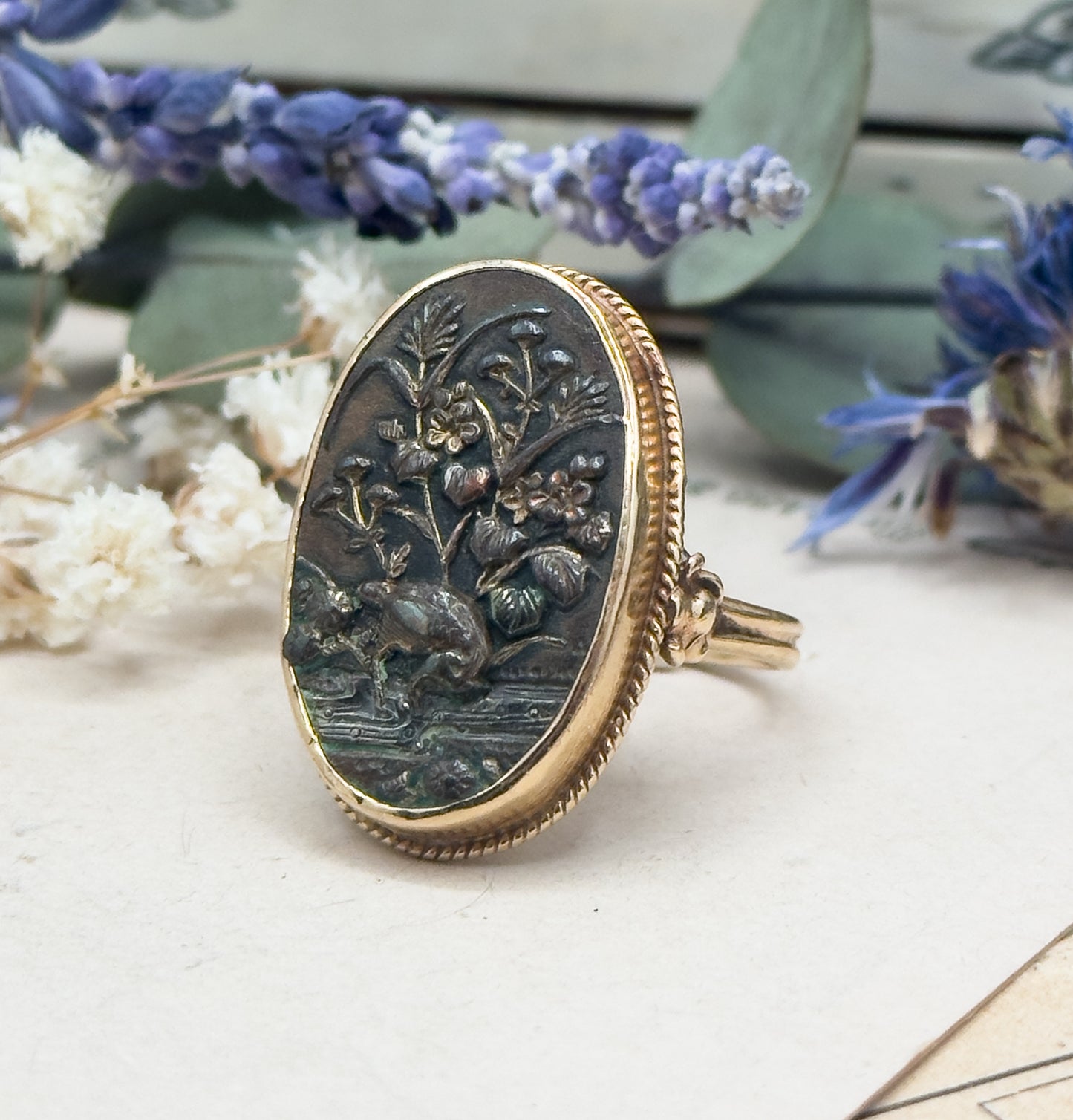 Antique Shakudo Ring in 14K Yellow Gold
