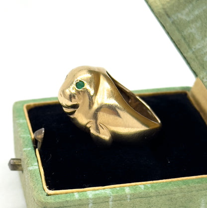 Amazing Vintage Manatee Ring in 14K Yellow Gold w Emerald Eyes