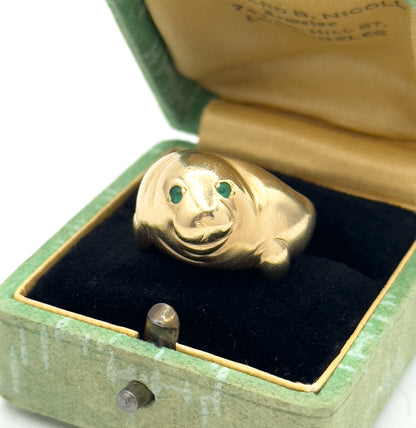 Amazing Vintage Manatee Ring in 14K Yellow Gold w Emerald Eyes