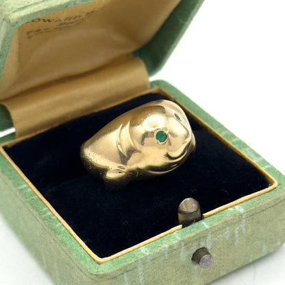 Amazing Vintage Manatee Ring in 14K Yellow Gold w Emerald Eyes