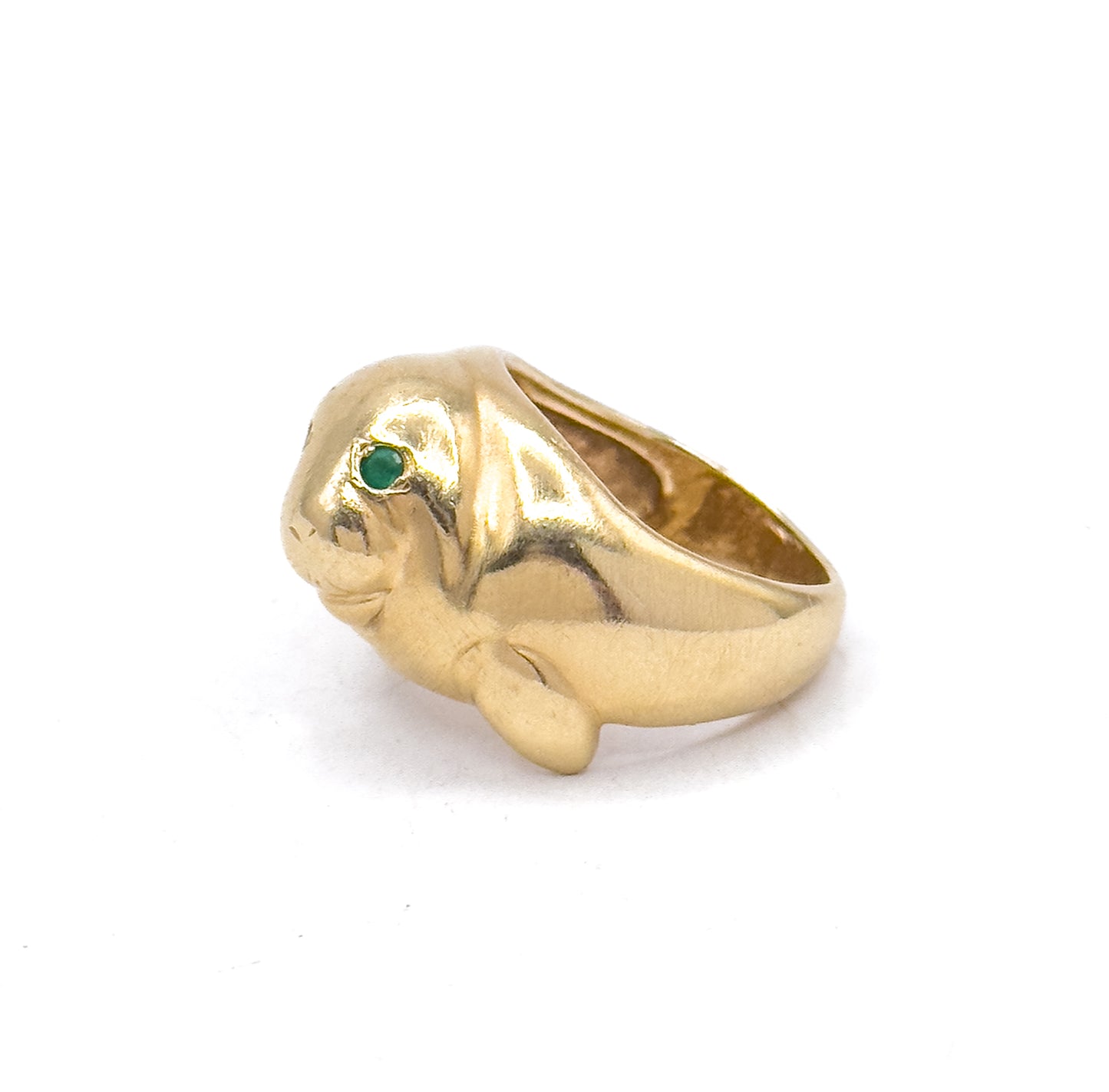 Amazing Vintage Manatee Ring in 14K Yellow Gold w Emerald Eyes