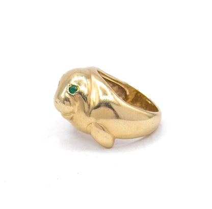Amazing Vintage Manatee Ring in 14K Yellow Gold w Emerald Eyes
