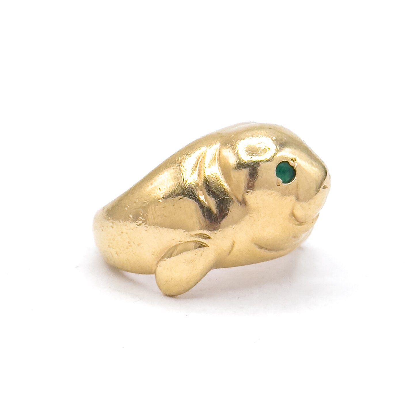 Amazing Vintage Manatee Ring in 14K Yellow Gold w Emerald Eyes