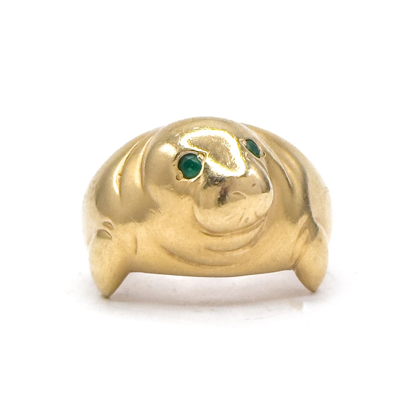 Amazing Vintage Manatee Ring in 14K Yellow Gold w Emerald Eyes