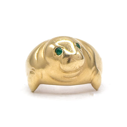 Amazing Vintage Manatee Ring in 14K Yellow Gold w Emerald Eyes
