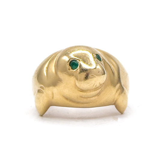 Amazing Vintage Manatee Ring in 14K Yellow Gold w Emerald Eyes