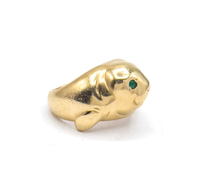 Amazing Vintage Manatee Ring in 14K Yellow Gold w Emerald Eyes