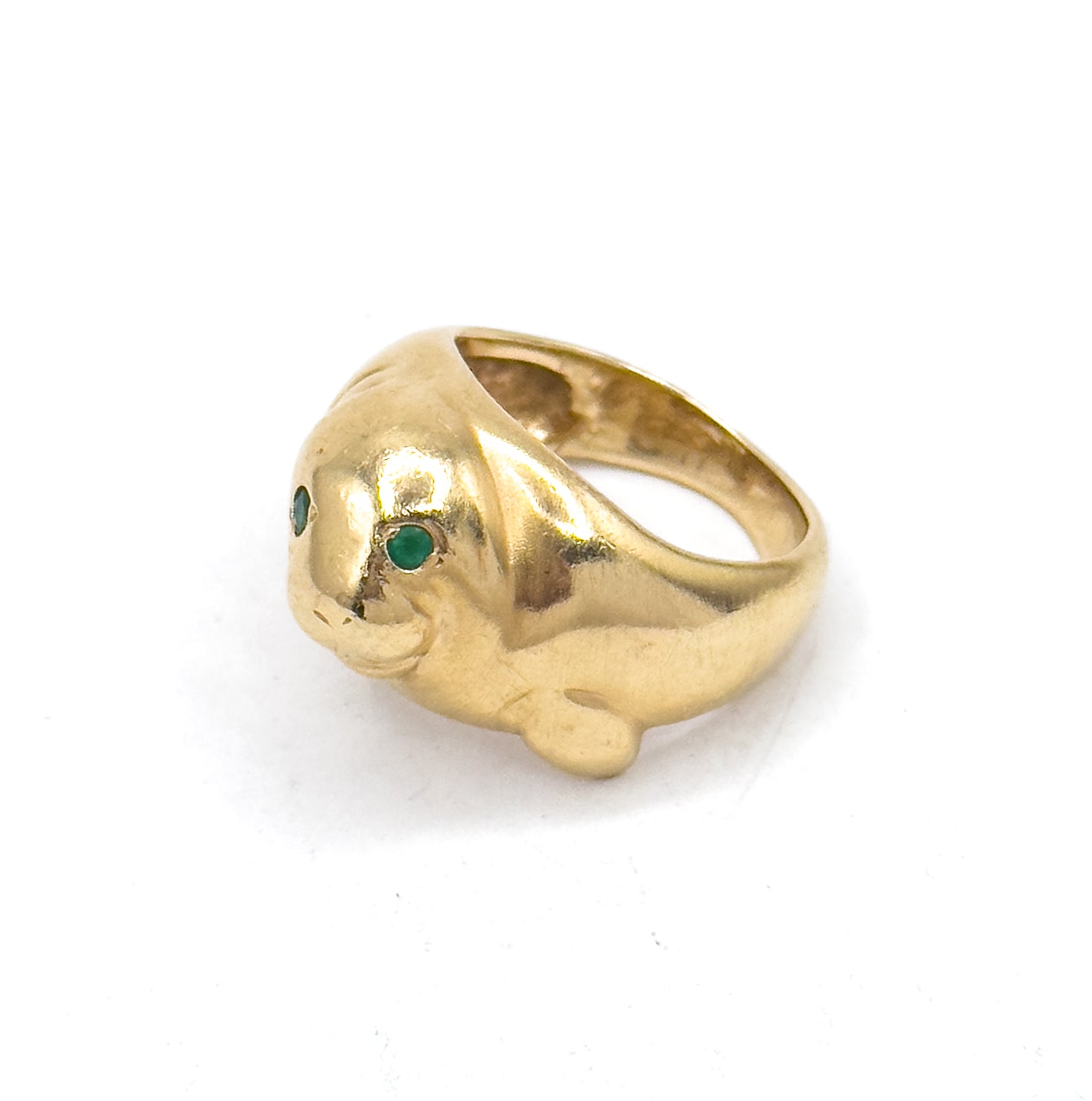 Amazing Vintage Manatee Ring in 14K Yellow Gold w Emerald Eyes